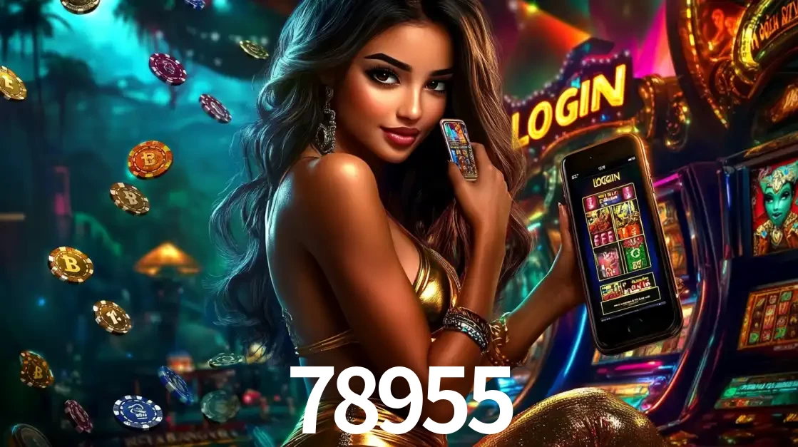 Mulher em um cenário de cassino temático de aventura, mostrando o app de caça-níqueis da 78955 no celular. Fichas de apostas flutuam ao redor.