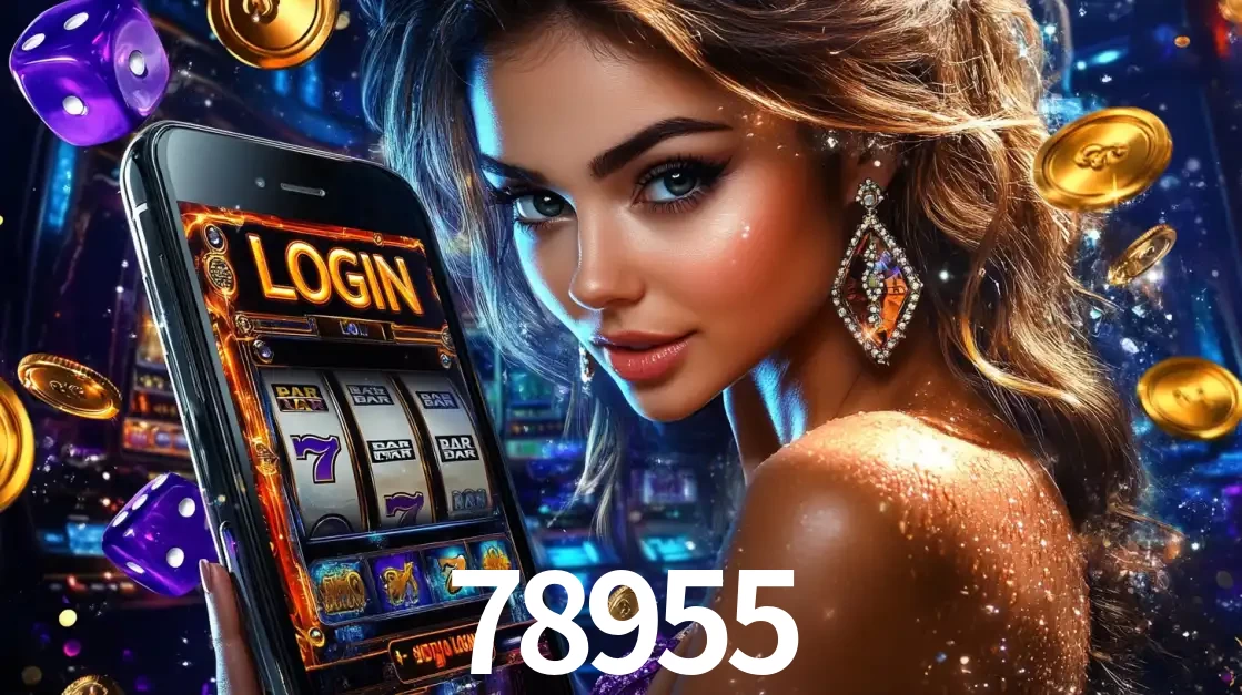 Mulher glamorosa segurando um smartphone com a tela de login para os jogos de caça-níqueis do cassino online 78955, com moedas de ouro e dados ao redor.